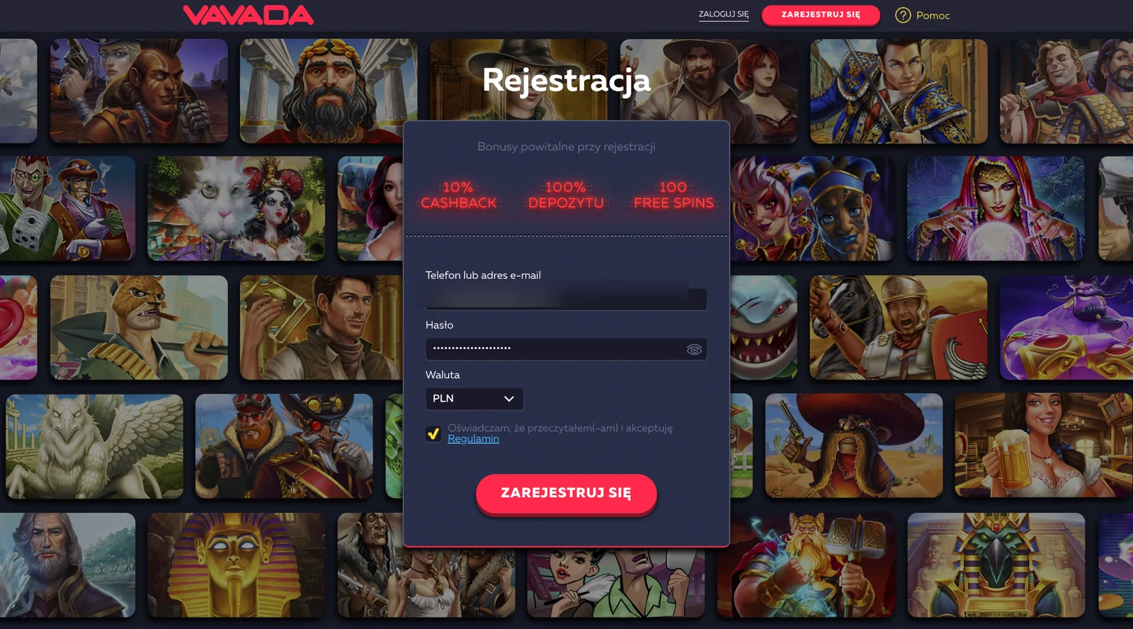 Formularz rejestracji Vavada bez pola na kod promocyjny, konto w PLN