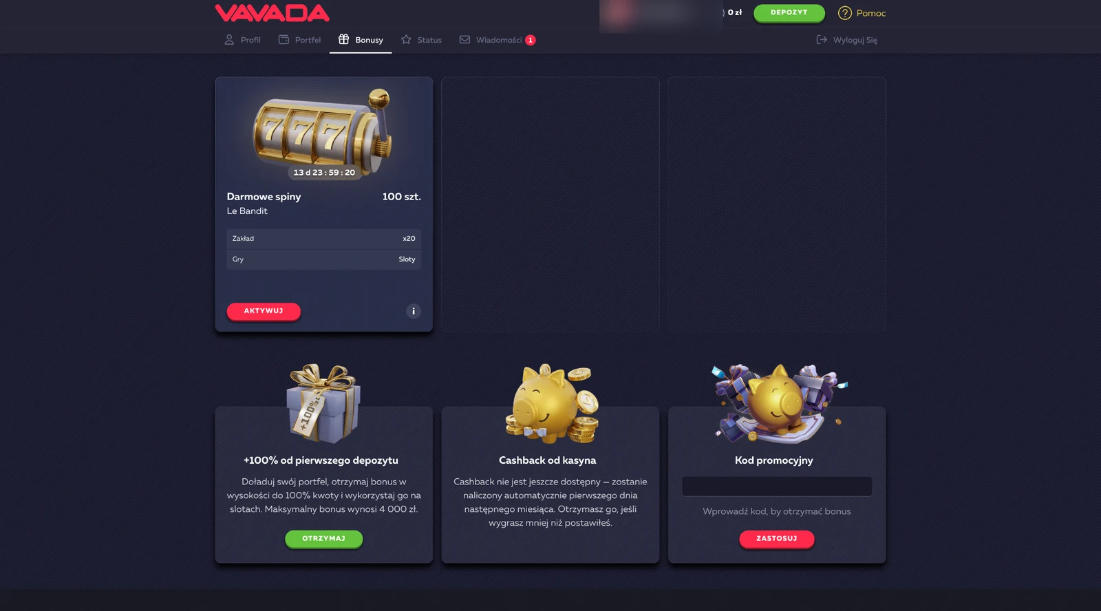 Sekcja Bonusy Vavada przed wpisaniem kodu SPINS35 ze 100 spinami w Le Bandit