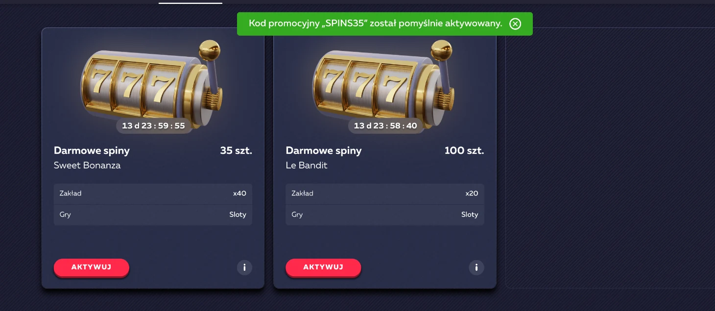 Potwierdzenie aktywacji SPINS35 oraz 35 i 100 darmowych spinów na koncie Vavada