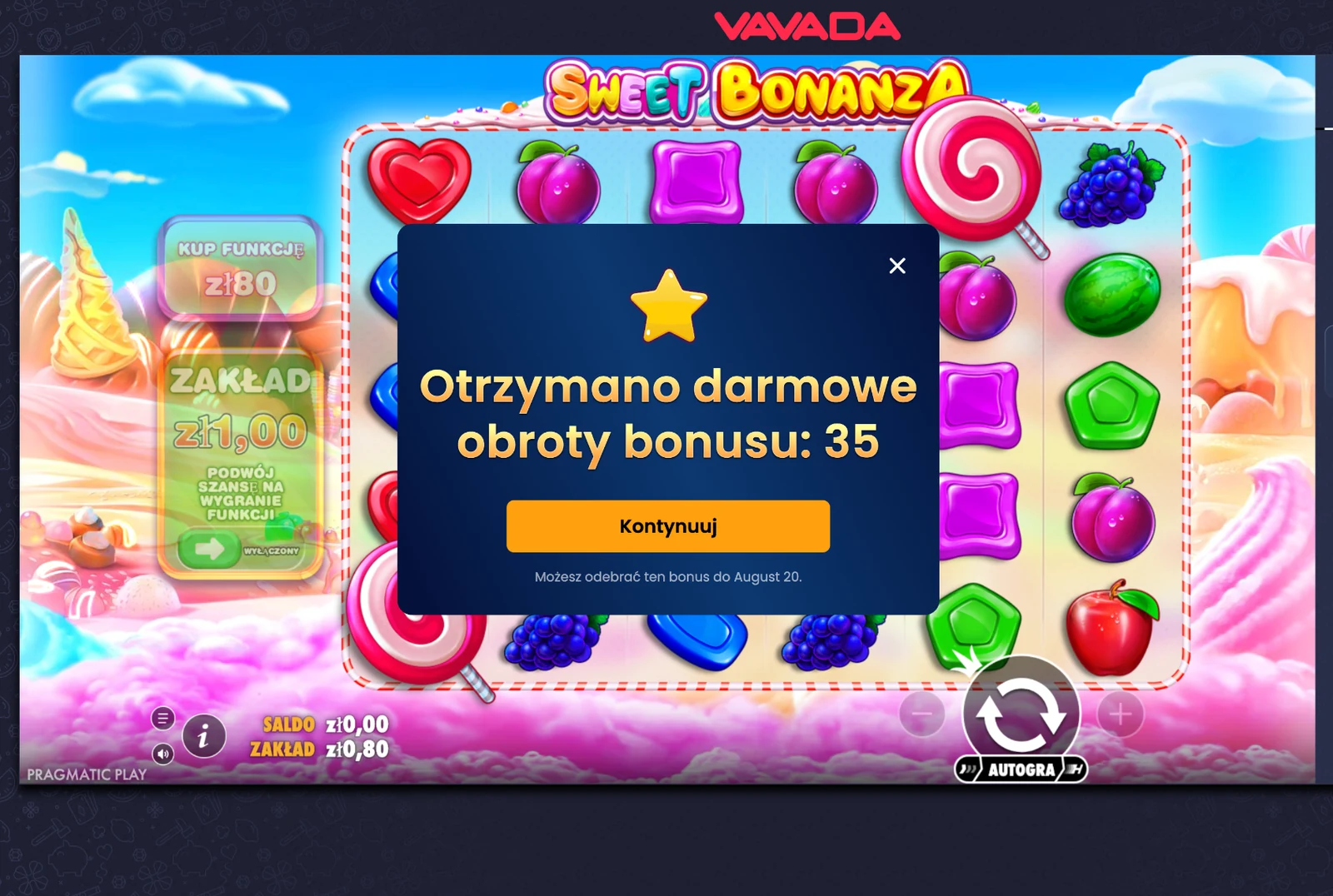 Sweet Bonanza potwierdza przyznanie 35 darmowych obrotów bonusu