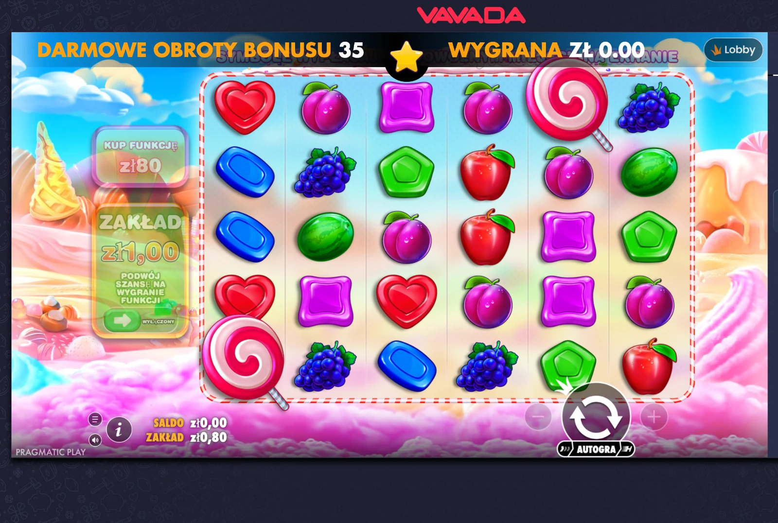 Start 35 darmowych spinów w Sweet Bonanza przy saldzie gotówkowym 0 PLN