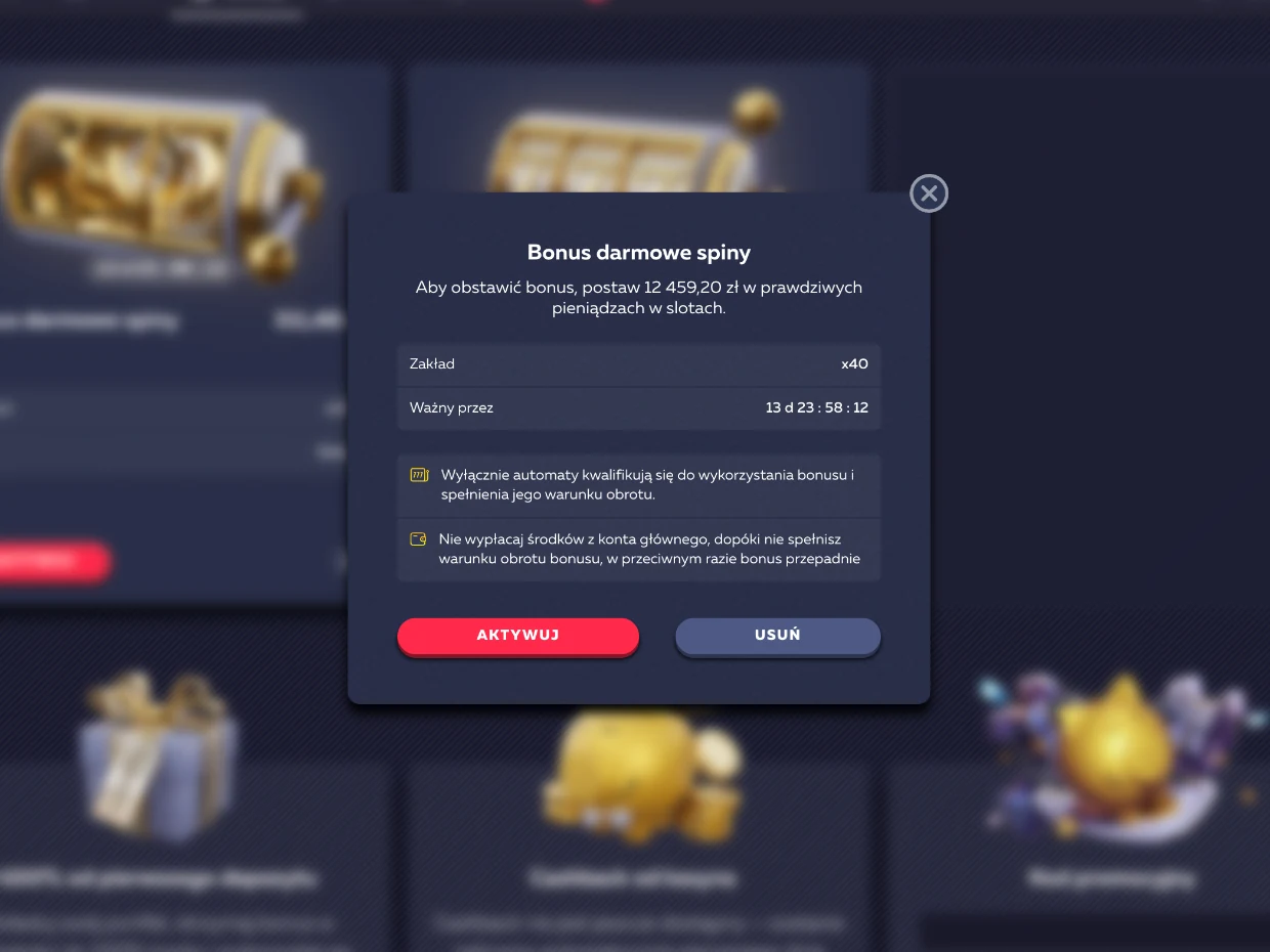 Wymagany obrót 12 459,20 PLN dla wygranej 311,48 PLN przy wagerze x40